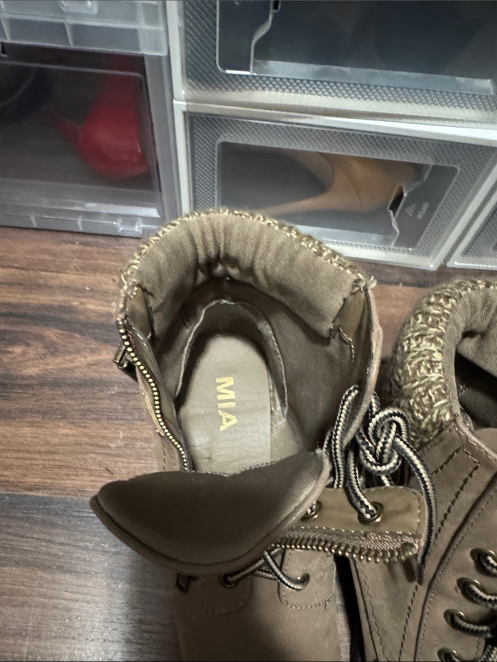 MIA Tan Lace-Up Knit Cuff Ankle Boots with Side Zip